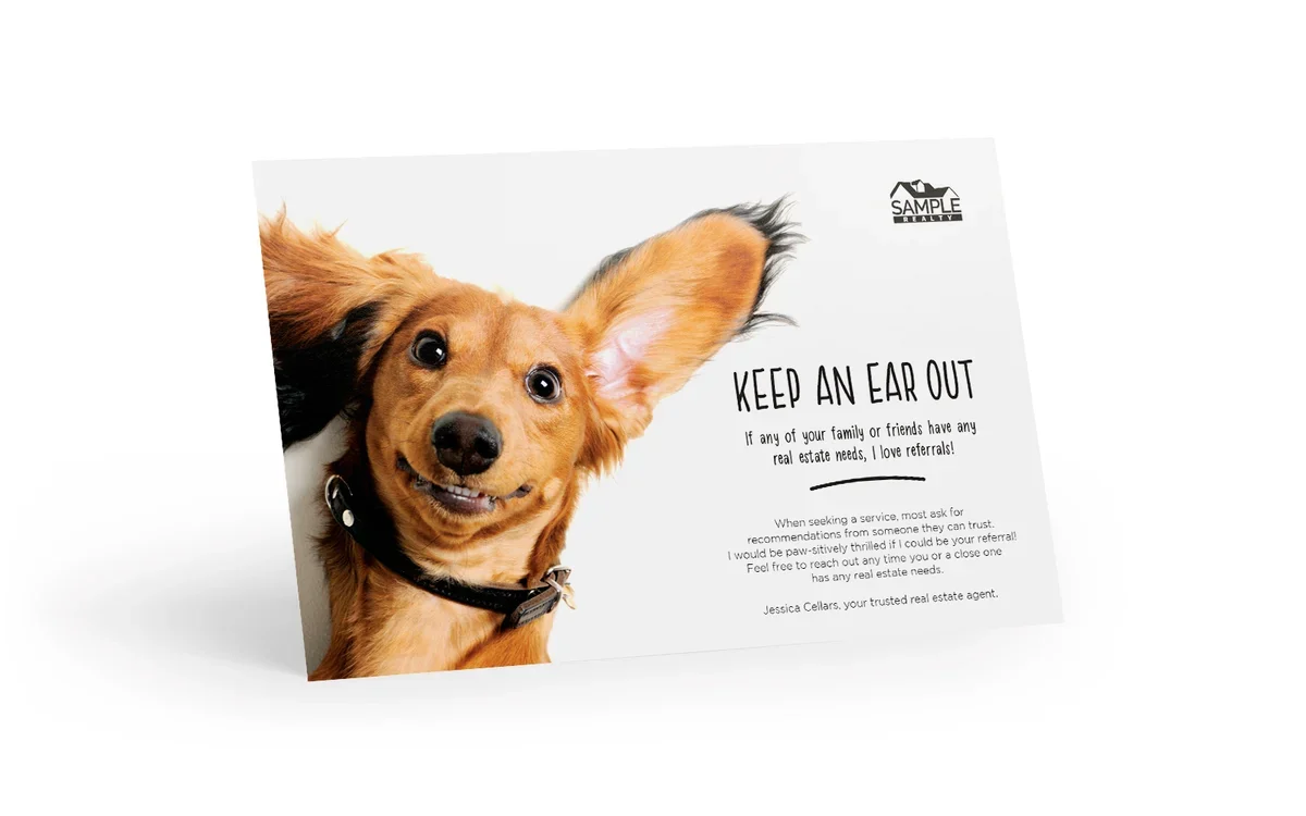 Real estate postcard featuring a dog and a "keep an ear out" message