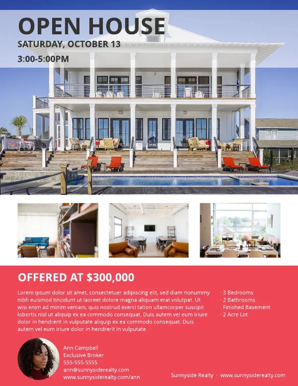Colorful open house flyer showing waterfront home