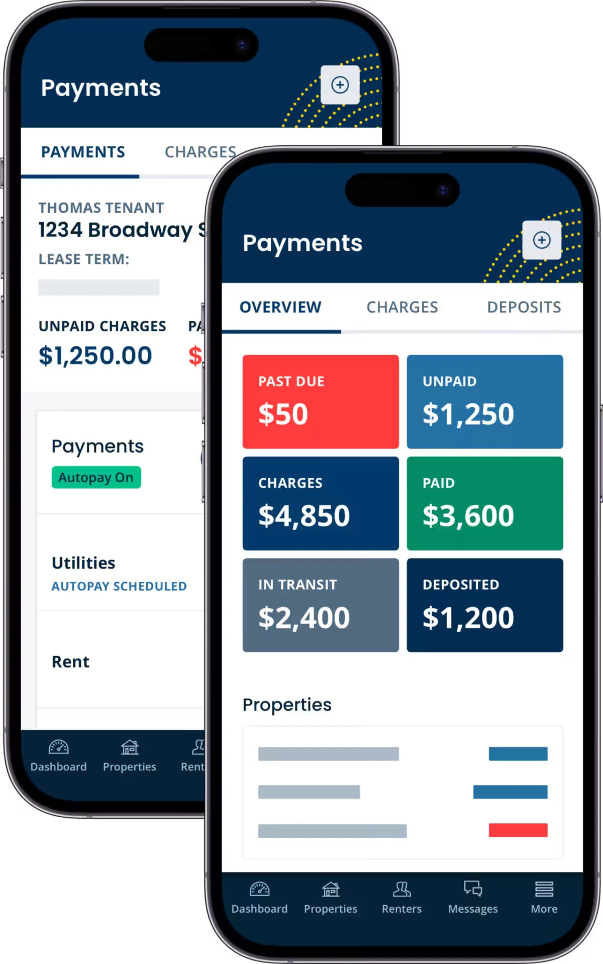 Two cell phone images showing the TurboTenant rent collection dashboard.