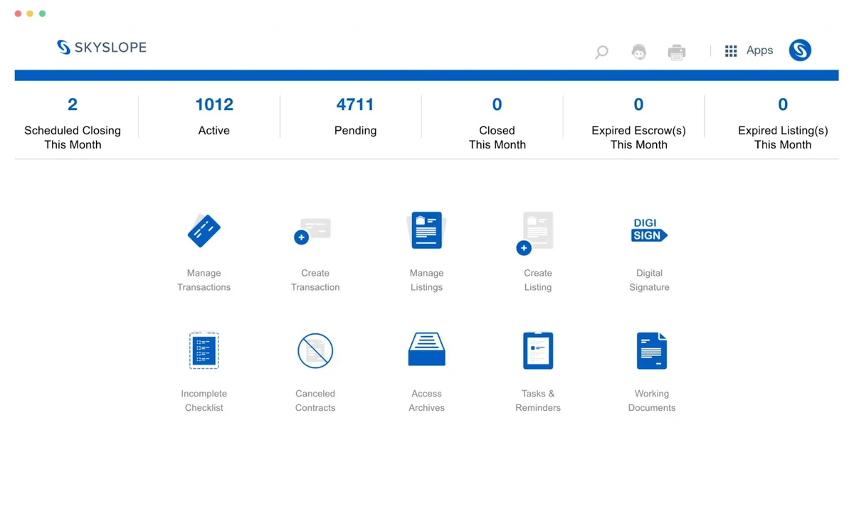 agent dashboard with transaction counts across the top and quick link buttons underneath.