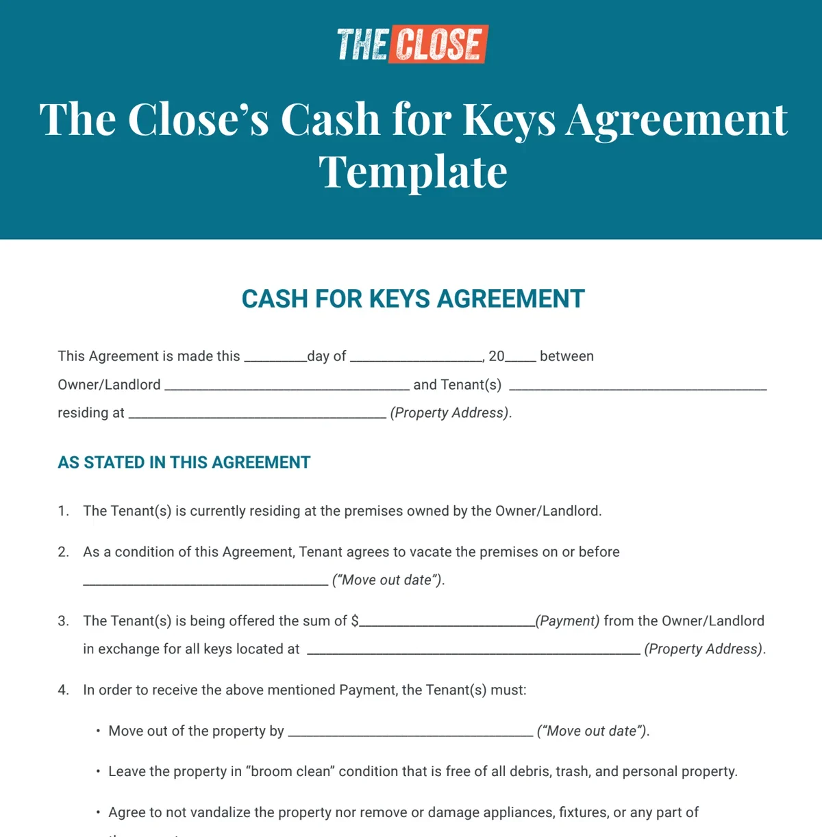 Screenshot of The Close’s Cash for Keys Agreement Template