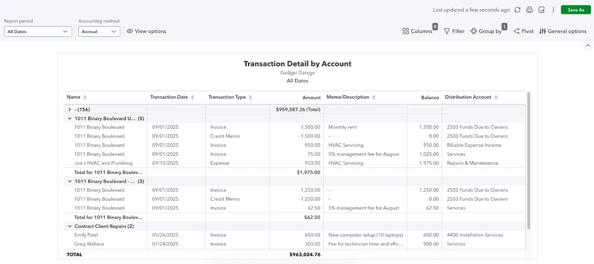 QuickBooks Online Transaction Detail by Account report showing transactions with columns for date, type, amount, memo, balance, and account.