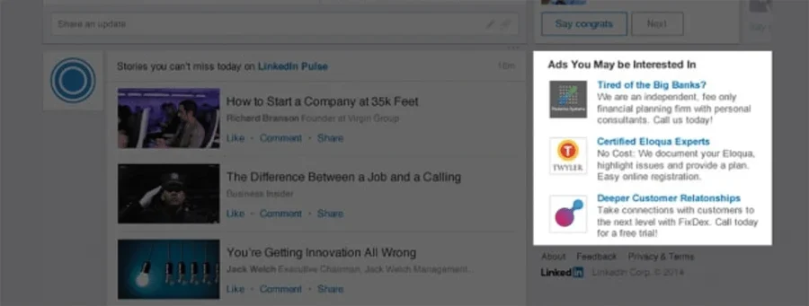 Screenshot showing a section explaining LinkedIn's pay-per-click text advertising options
