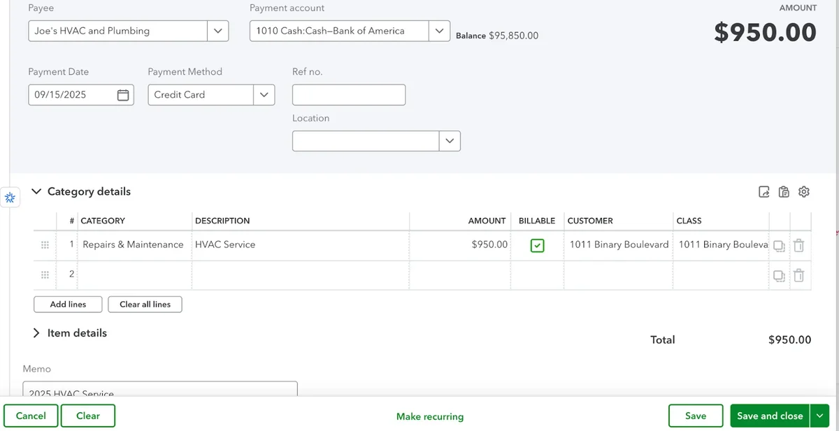 QuickBooks expense entry showing $950 payment to Joe's HVAC and Plumbing for HVAC service, marked billable to 1011 Binary Boulevard.
