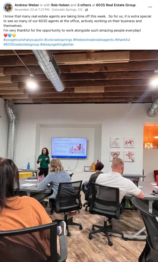 Screenshot Facebook post showing a real estate team in a group training