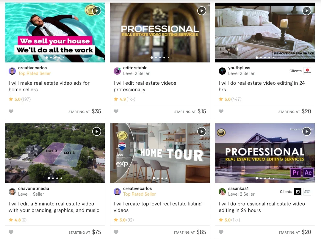 Screenshot of Fiverr real estate video service options