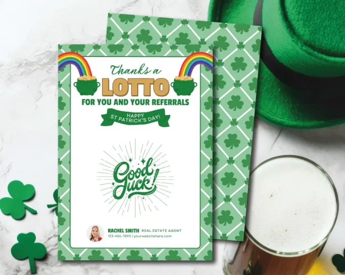 Tag with rainbows and shamrocks, with the message "Thanks a LOTTO for you and your referrals" and agent info.