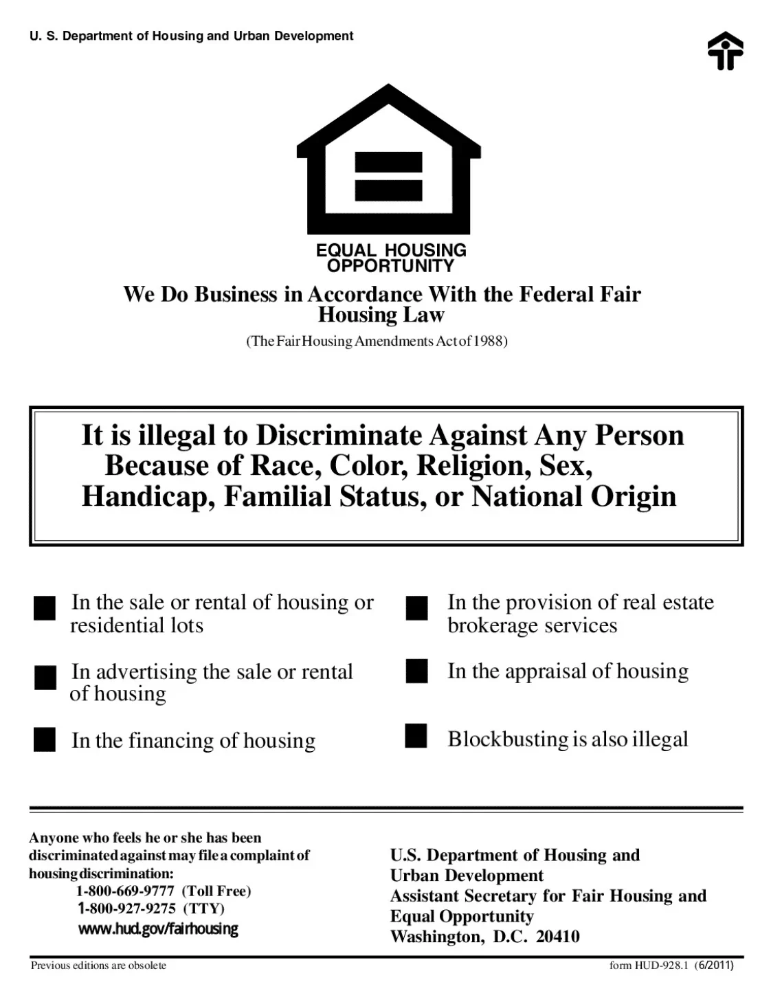 A copy of the Equal Housing Opportunity poster from the US Department of Housing and Urban Development