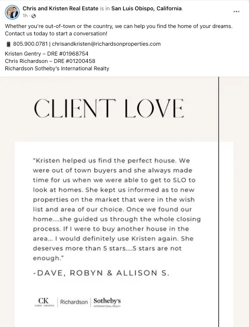 Screenshot of Facebook post of a real estate client testimonial