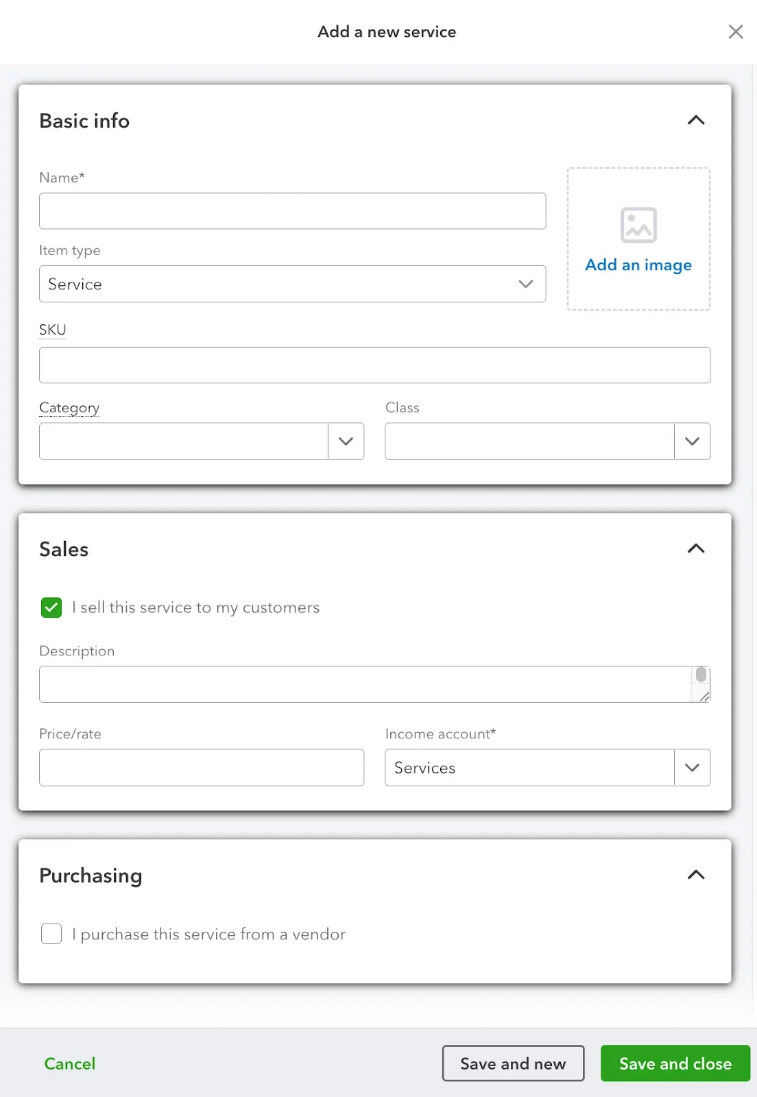 QuickBooks Online form to create a new service item, including fields for name, category, class, rate, and accounts.