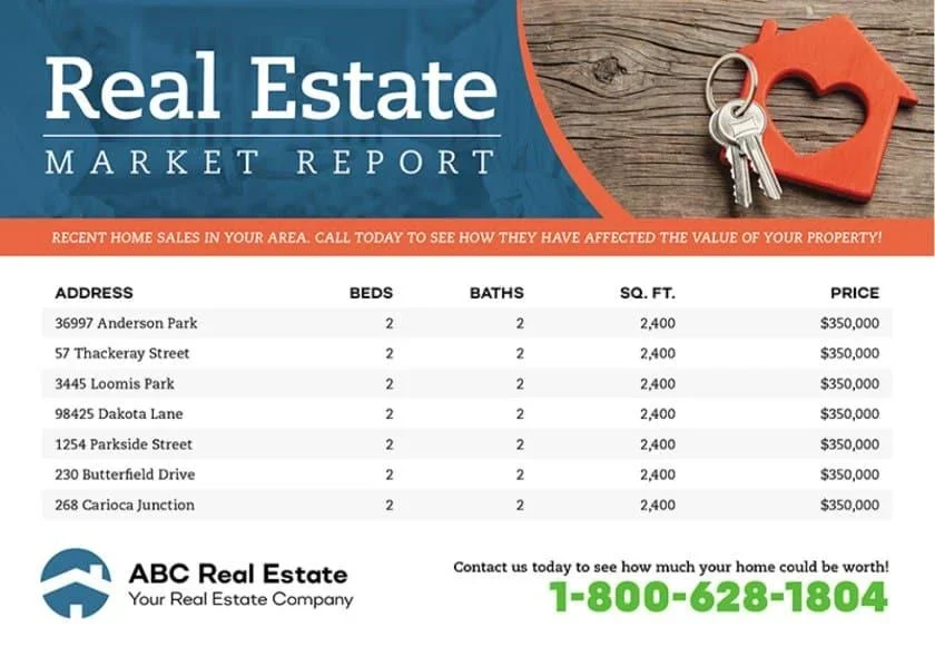 Real estate postcard with market report on recent home sales