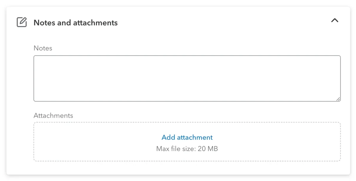 QuickBooks Online customer notes and attachments section with fields for entering notes and uploading related documents.
