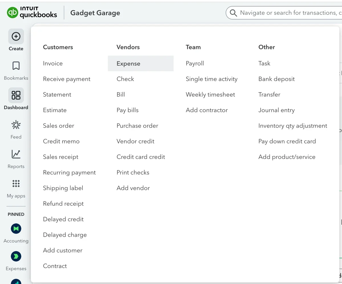 QuickBooks create menu expanded, showing options for Customers, Vendors, Team, and Other transactions and activities.