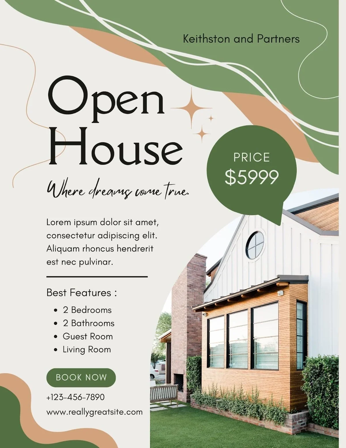 Open house flyer with modern curves and stars