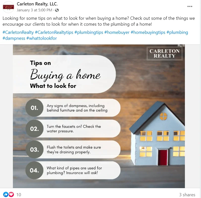 Screenshot of Facebook post with tips on buying a home