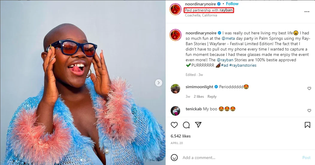 Instagram ad with woman wearing sunglasses