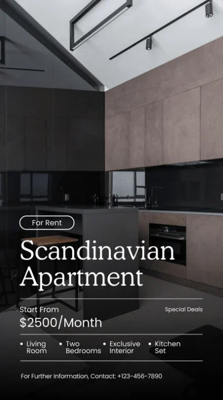 A modern kitchen in the background with the text "for rent Scandinavian apartment" and other property details displayed