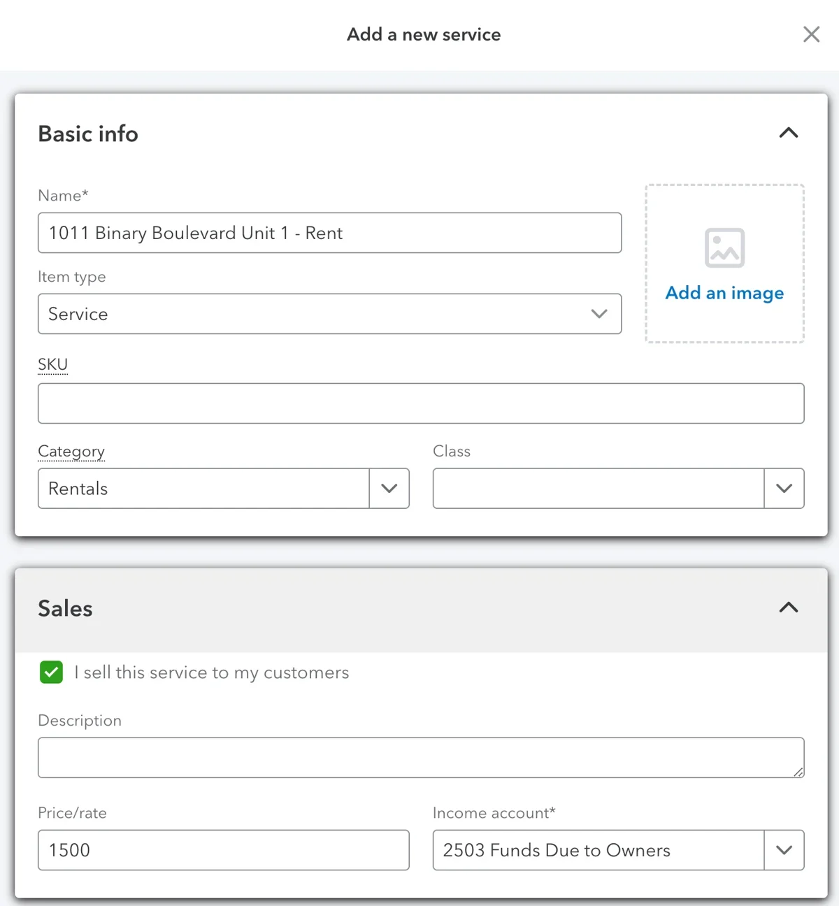 QuickBooks item setup form for rent service, showing basic info fields and sales details with a $1,500 rate.