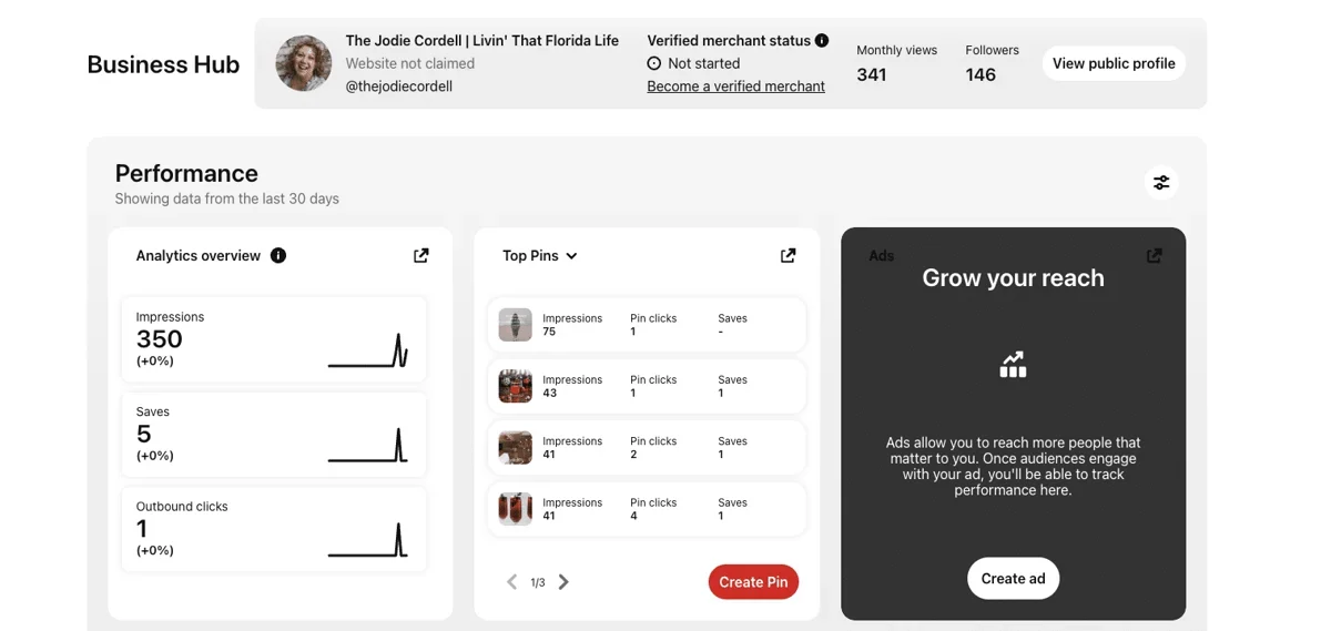 Screenshot of the analytics dashboard in Pinterest business hub