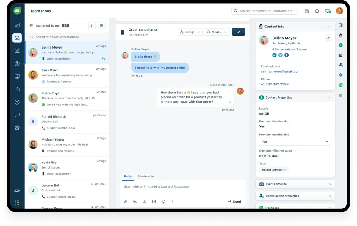 Freshchat team inbox interface