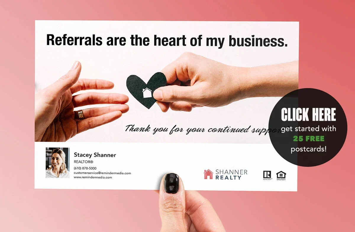 Real estate postcard with a "referrals are the heart of my business" message