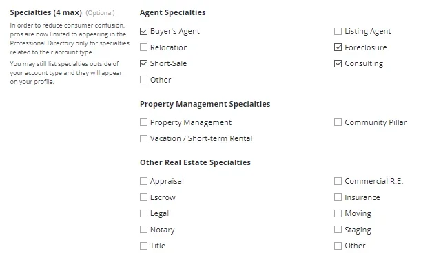Lists of real estate agent specialties with checkboxes to choose from.