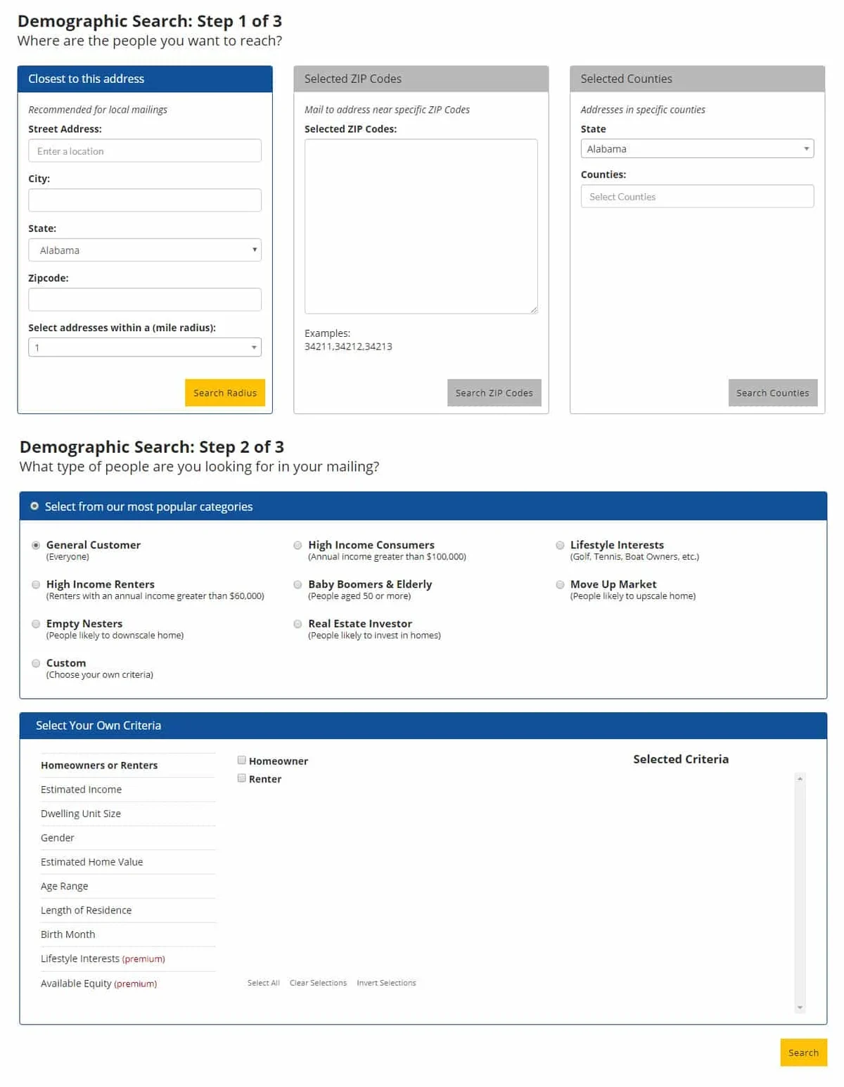 Screenshot of ProspectsPLUS! mailing list creator dashboard
