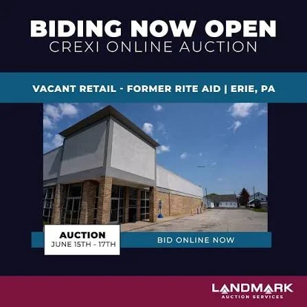 Example of Crexi online auction advertisement, showcasing a vacant retail space in Erie, PA.