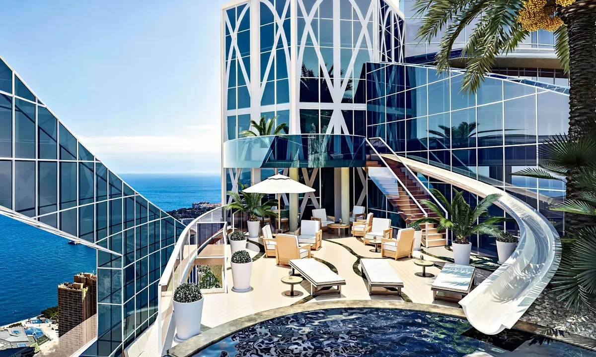 The Odeon Tower Penthouse's rooftop pool with slide