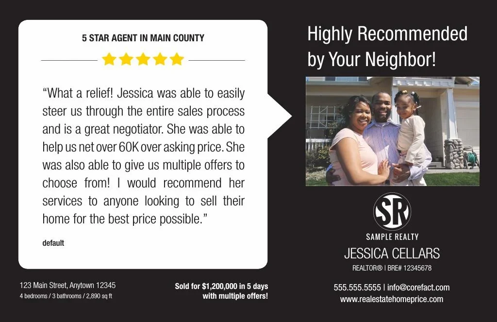 Real estate farming postcard with a featured client testimonial