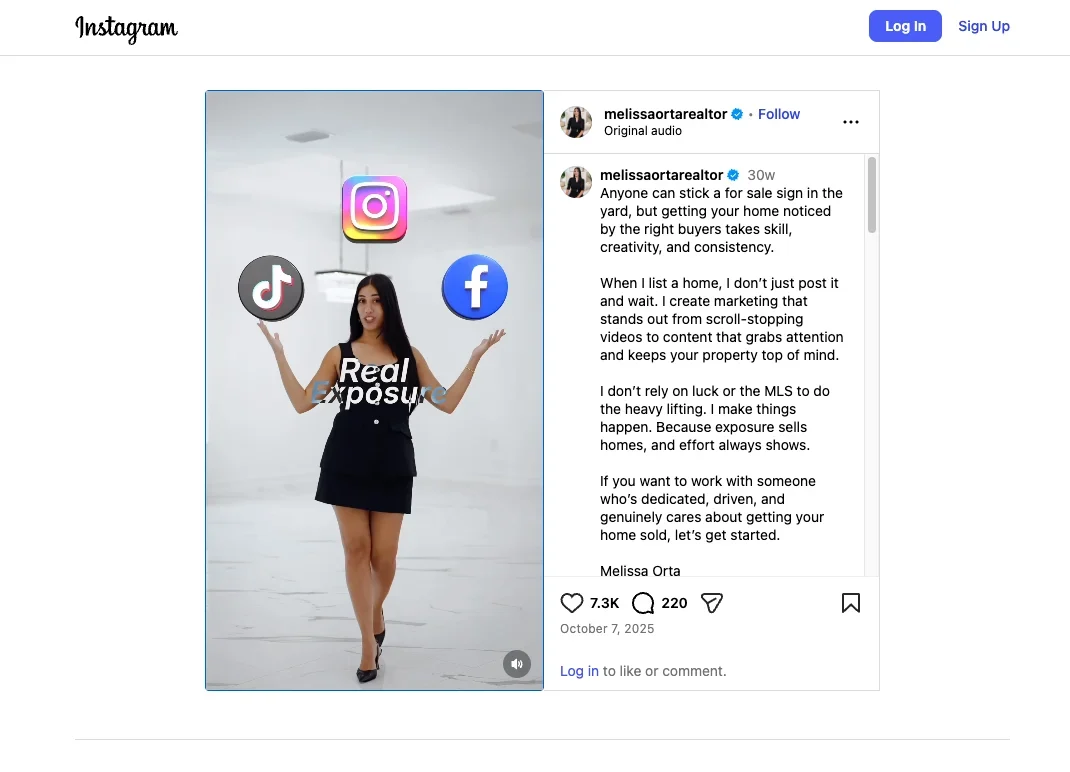 Screenshot of an Instagram video for a real estate agent.