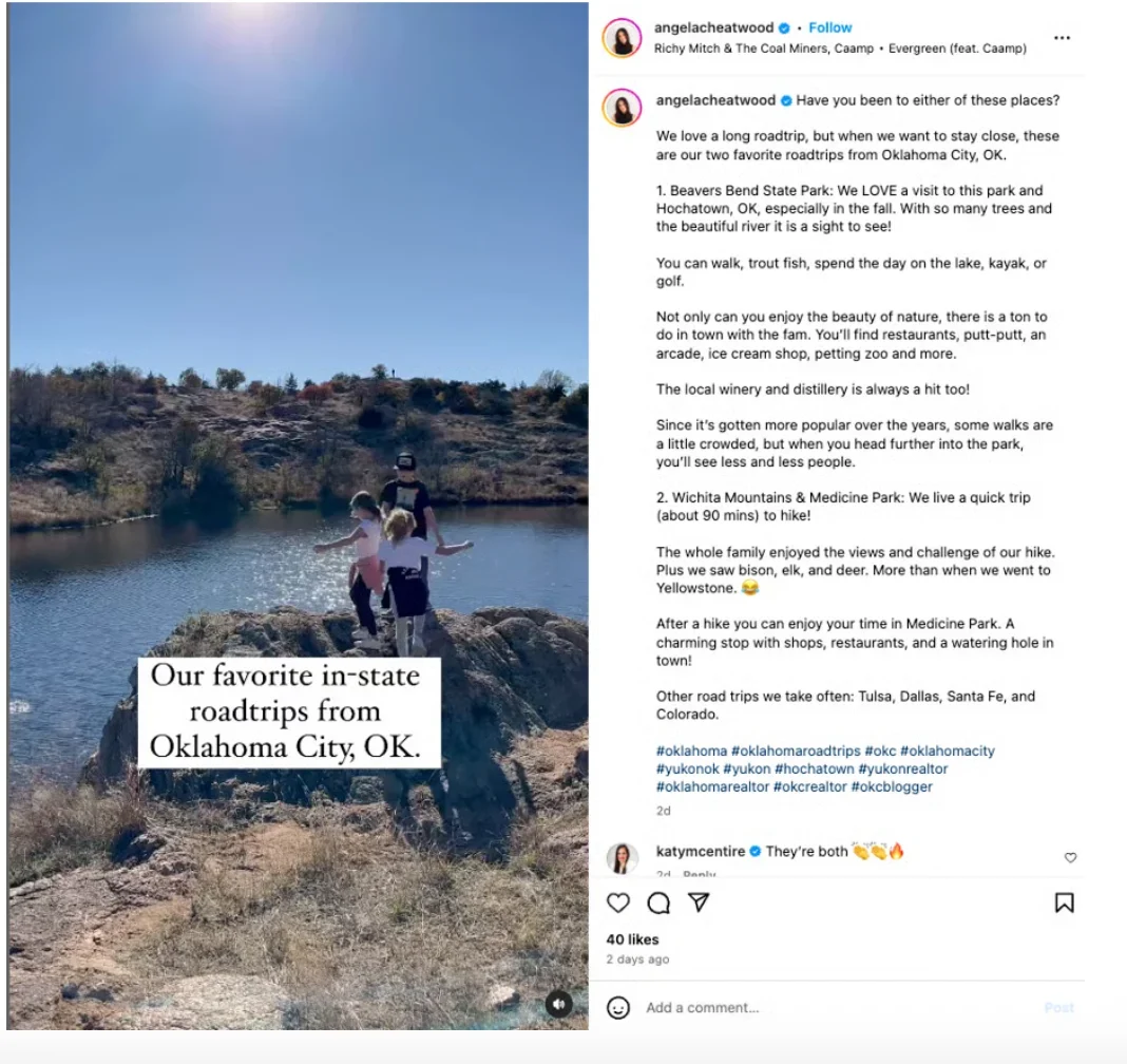 Real estate Instagram post about road trips