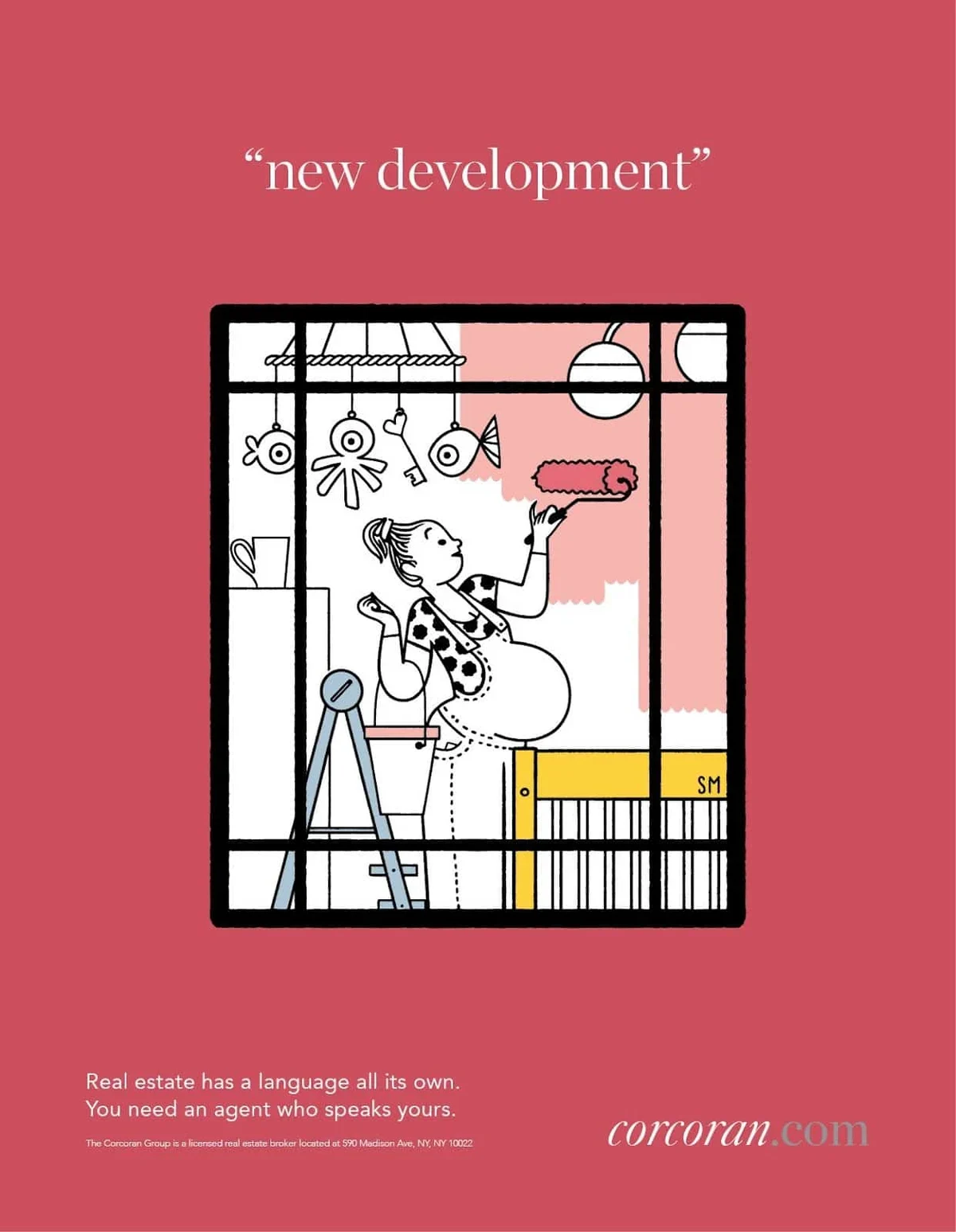 Corcoran real estate ad with the phrase “new development” and an illustration of a pregnant woman painting a room.
