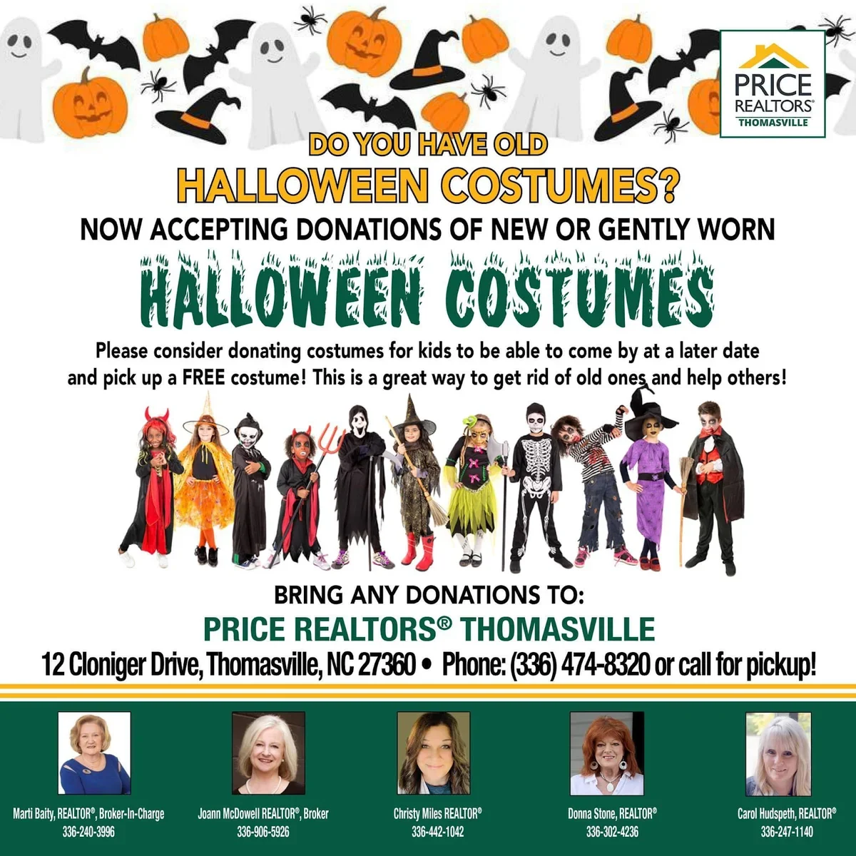 A promotional flyer for a Halloween costume drive with example costumes and real estate agent headshots and contact info.