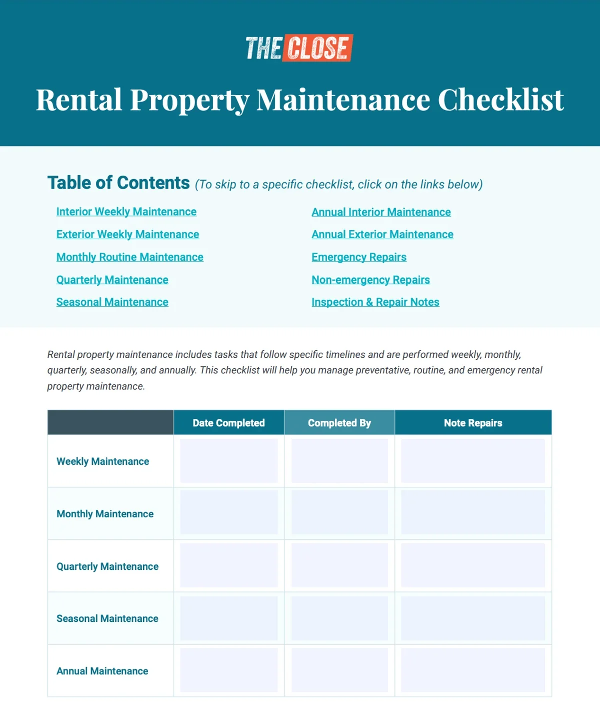 The Close’s Maintenance Checklist