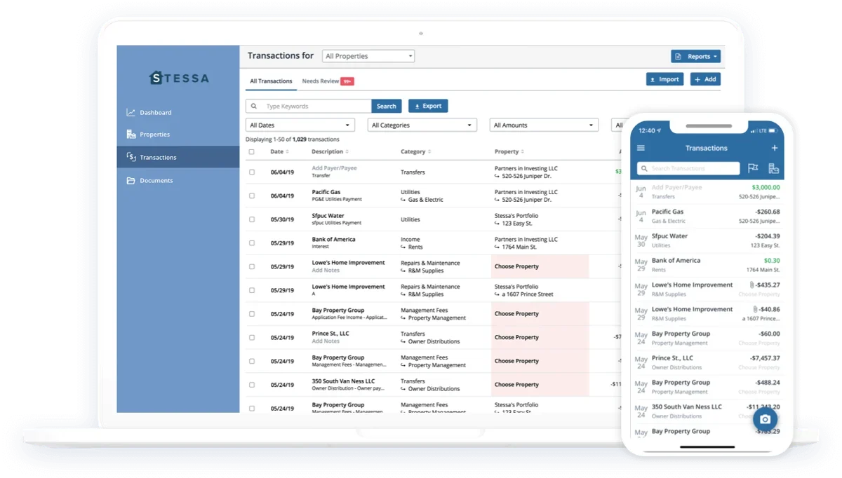 Stessa income expense tracker interface on web and mobile.