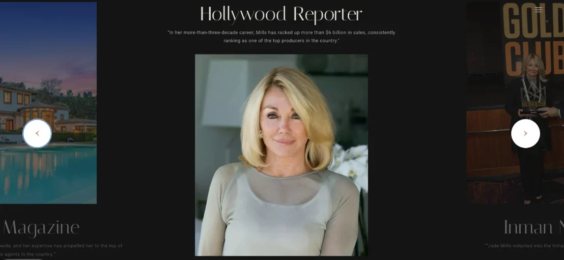 Jade Mills website showcasing her media exposure and success.