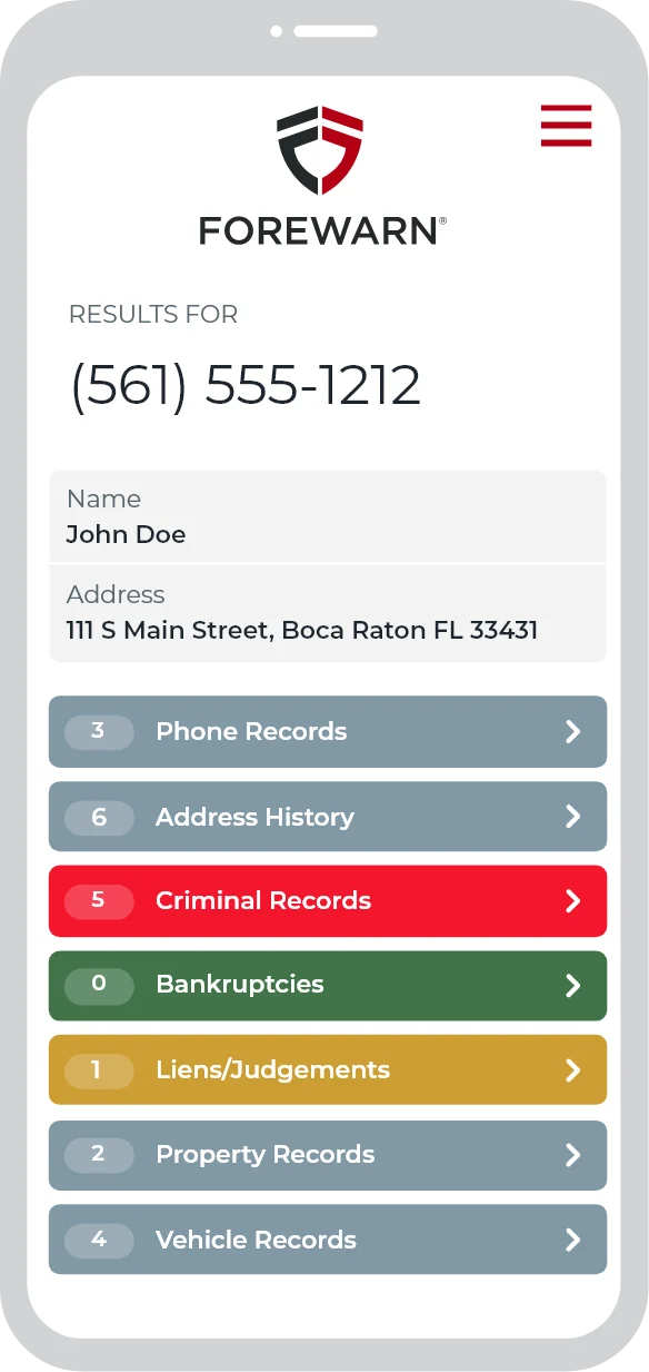 Forewarn's mobile app interface