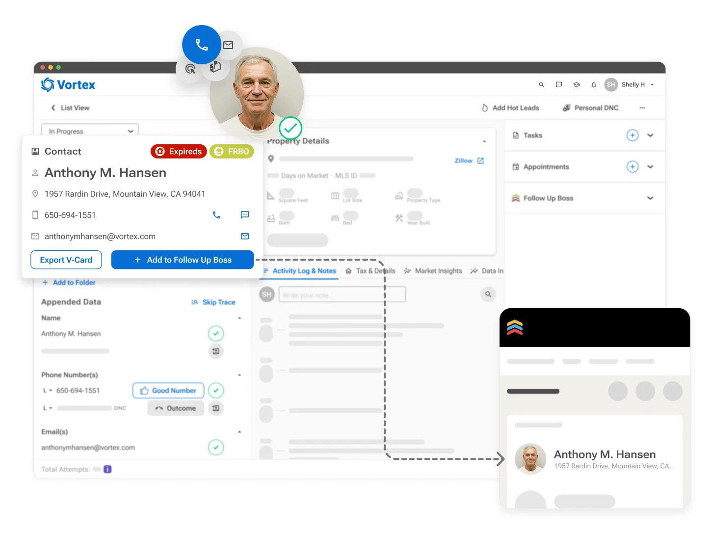 Vortex dashboard being displayed on a laptop with an arrow connecting to the Follow Up Boss CRM.