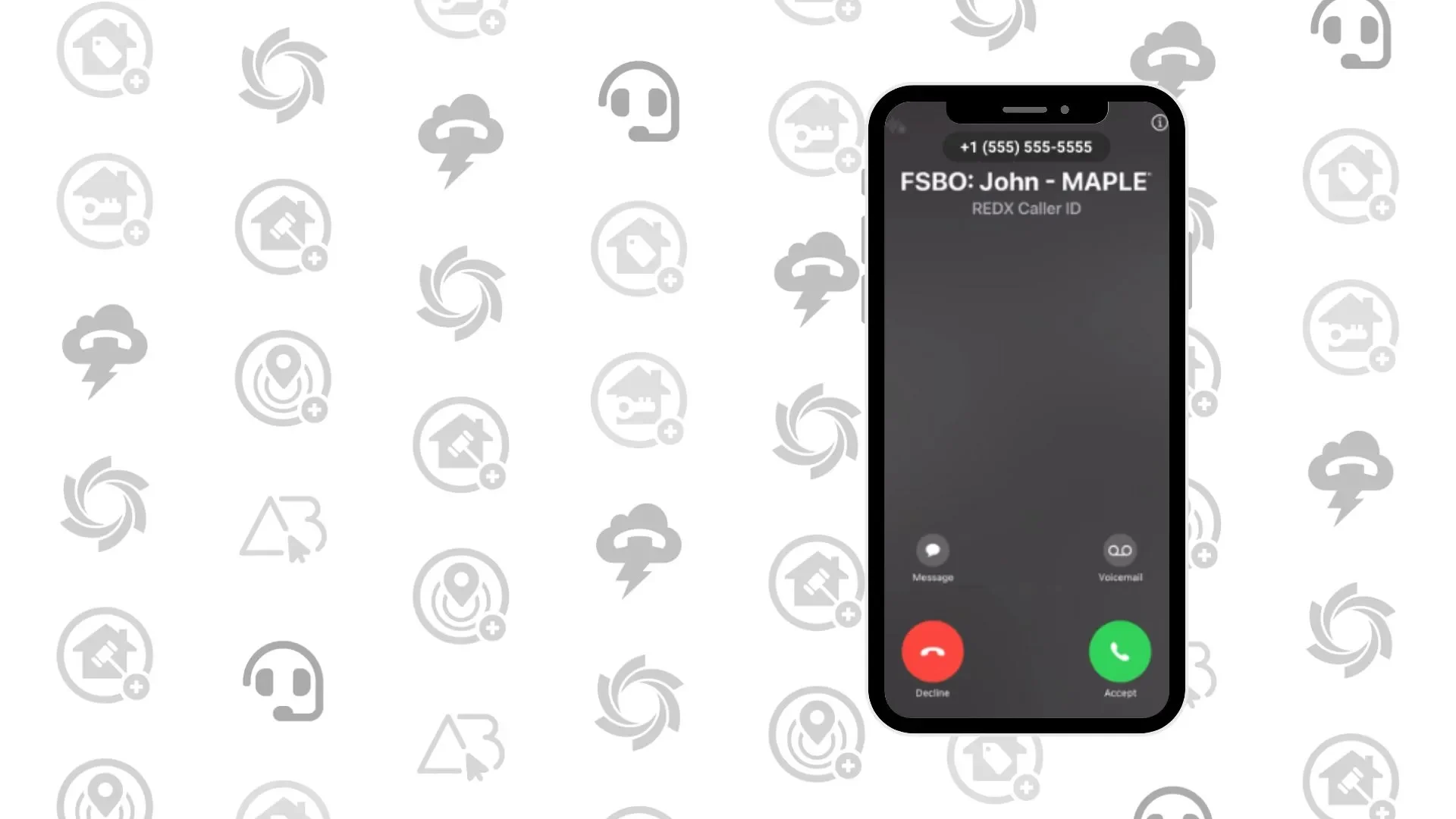 A patterned background with a smartphone on the right, getting a call from FSBO John Maple.