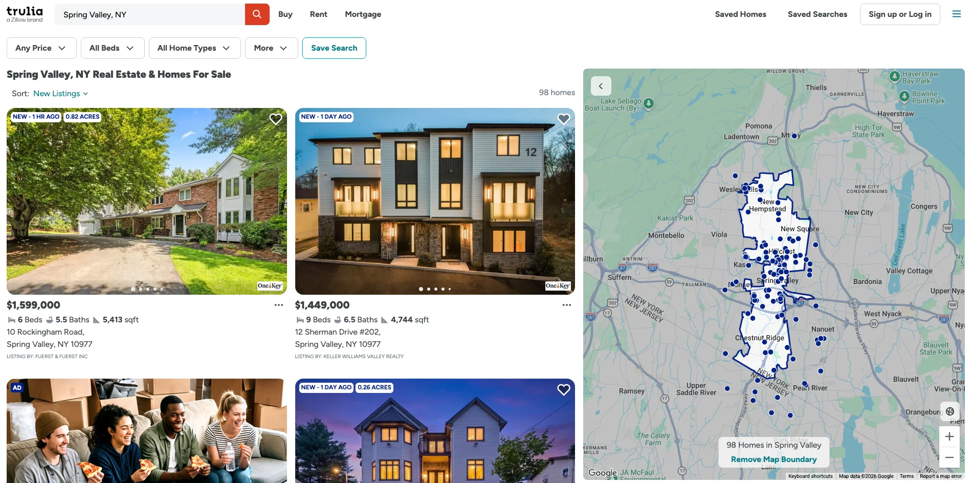 Trulia's search page, with a map to the right and homes for sale to the left.