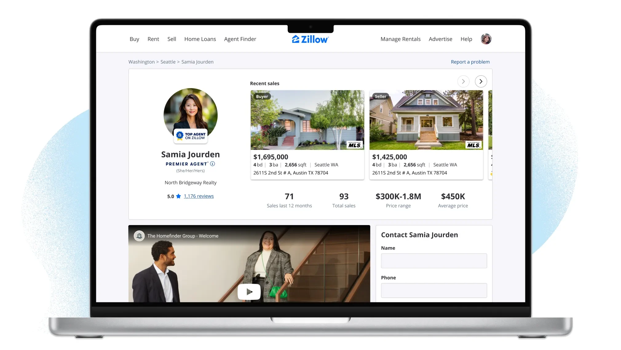  Zillow agent profile on a laptop.
