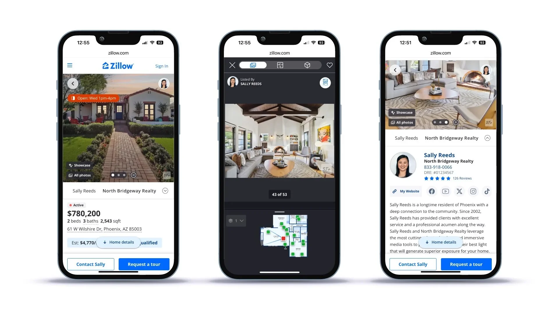 Three phones showing a Zillow listing and Zillow showcase features.
